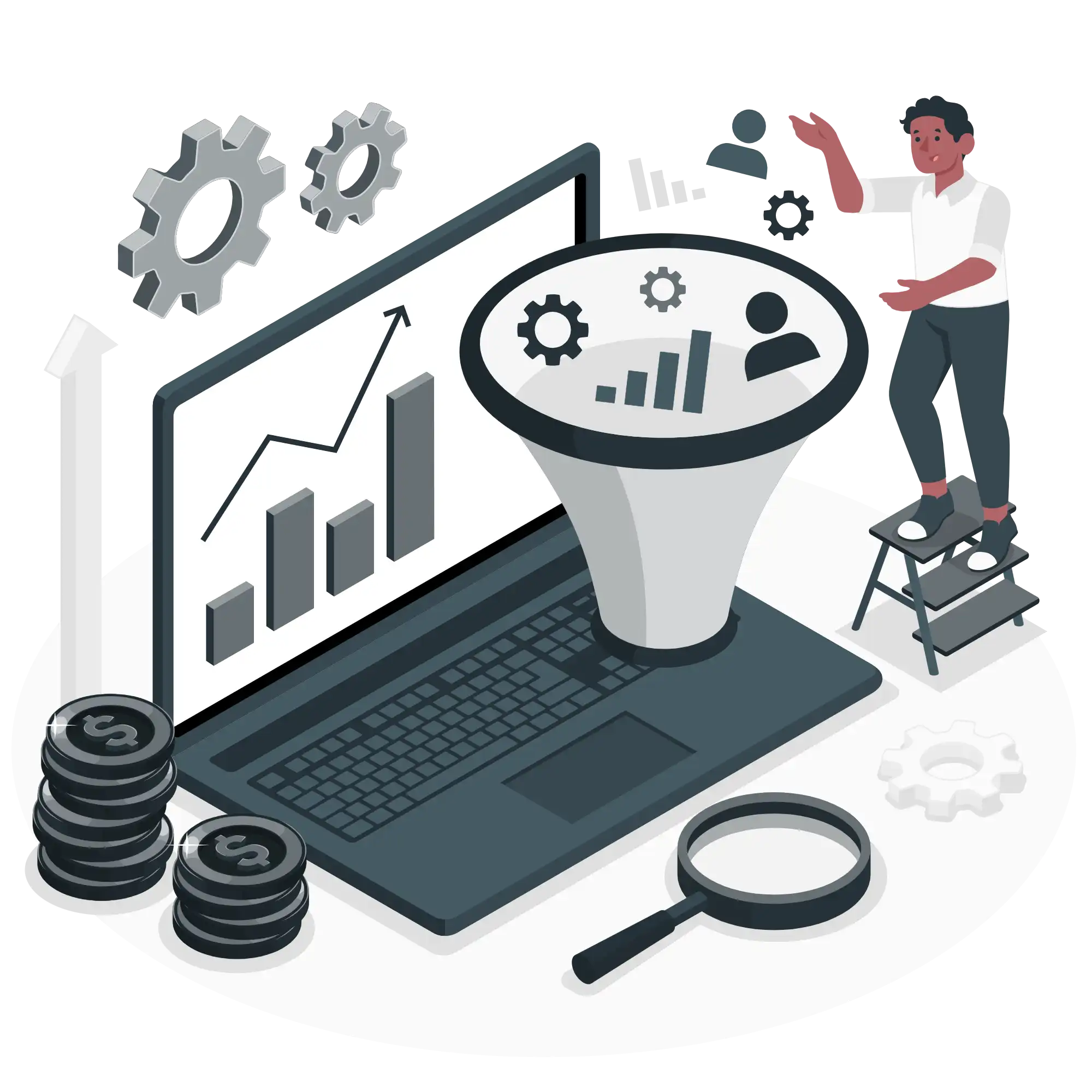 A guy is standing on a ladder and the big laptop is projecting seo tools