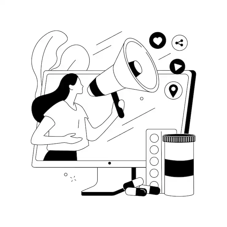 An image of a girl holding a microphone blasting social media icons